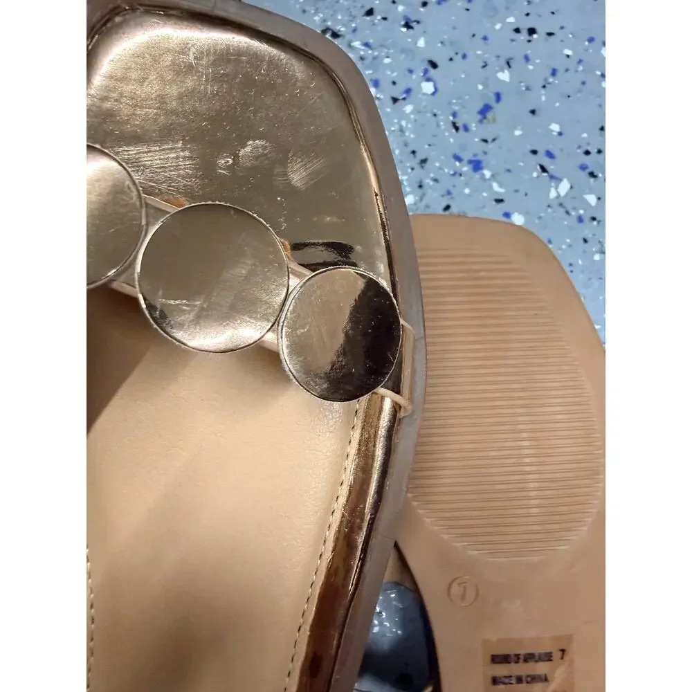 Corkys Round of Applause flat slide sandals gold mirror metallic finish size 7